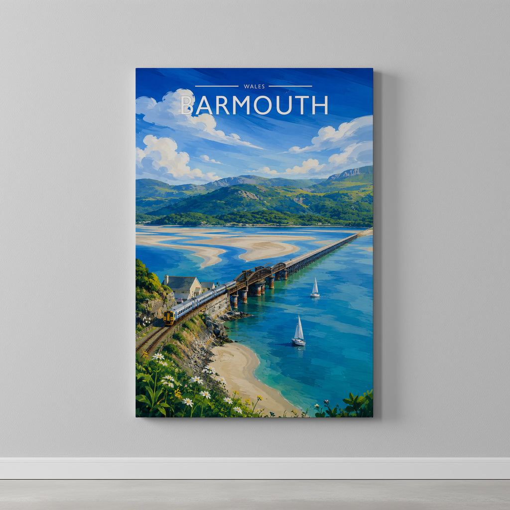 Barmouth Travel Poster as a gallery-wrapped canvas on a plain wall