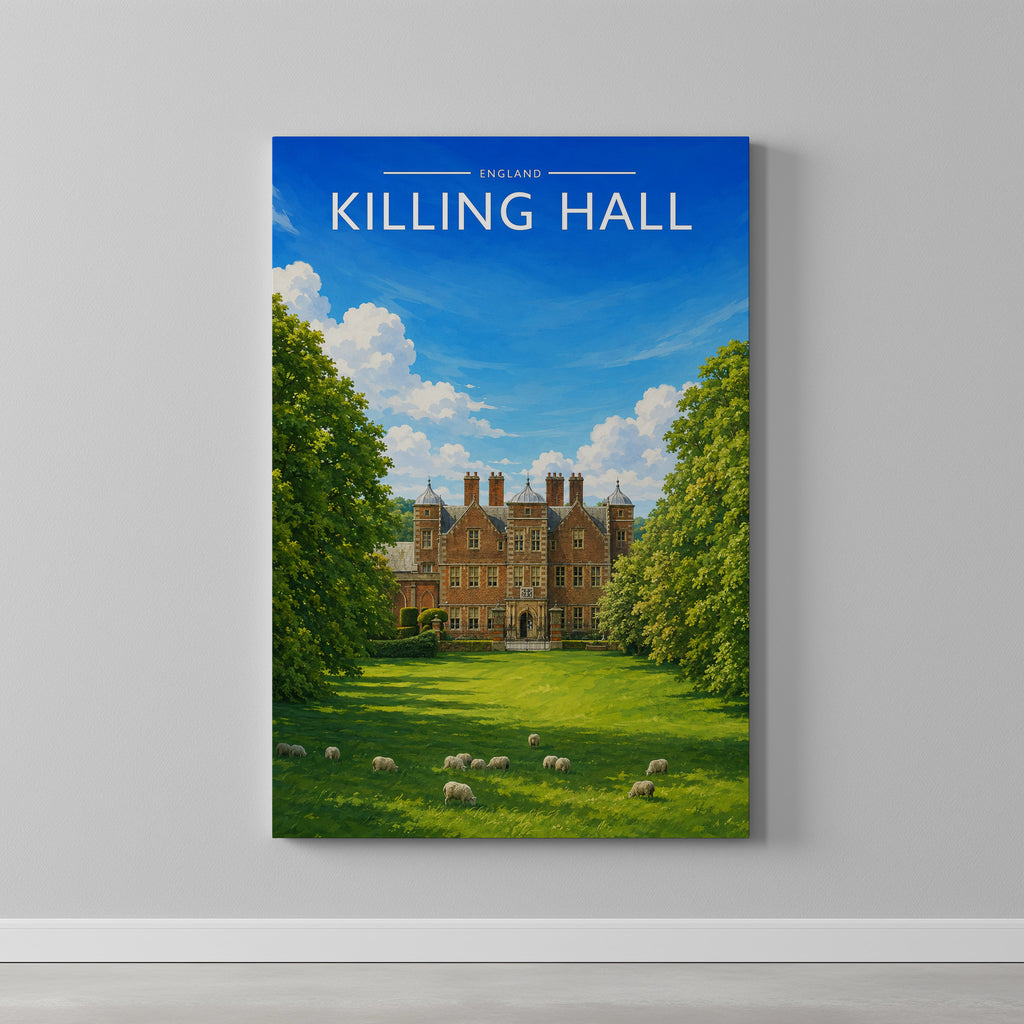 Kiplin Hall Travel Poster as a gallery-wrapped canvas on a plain wall