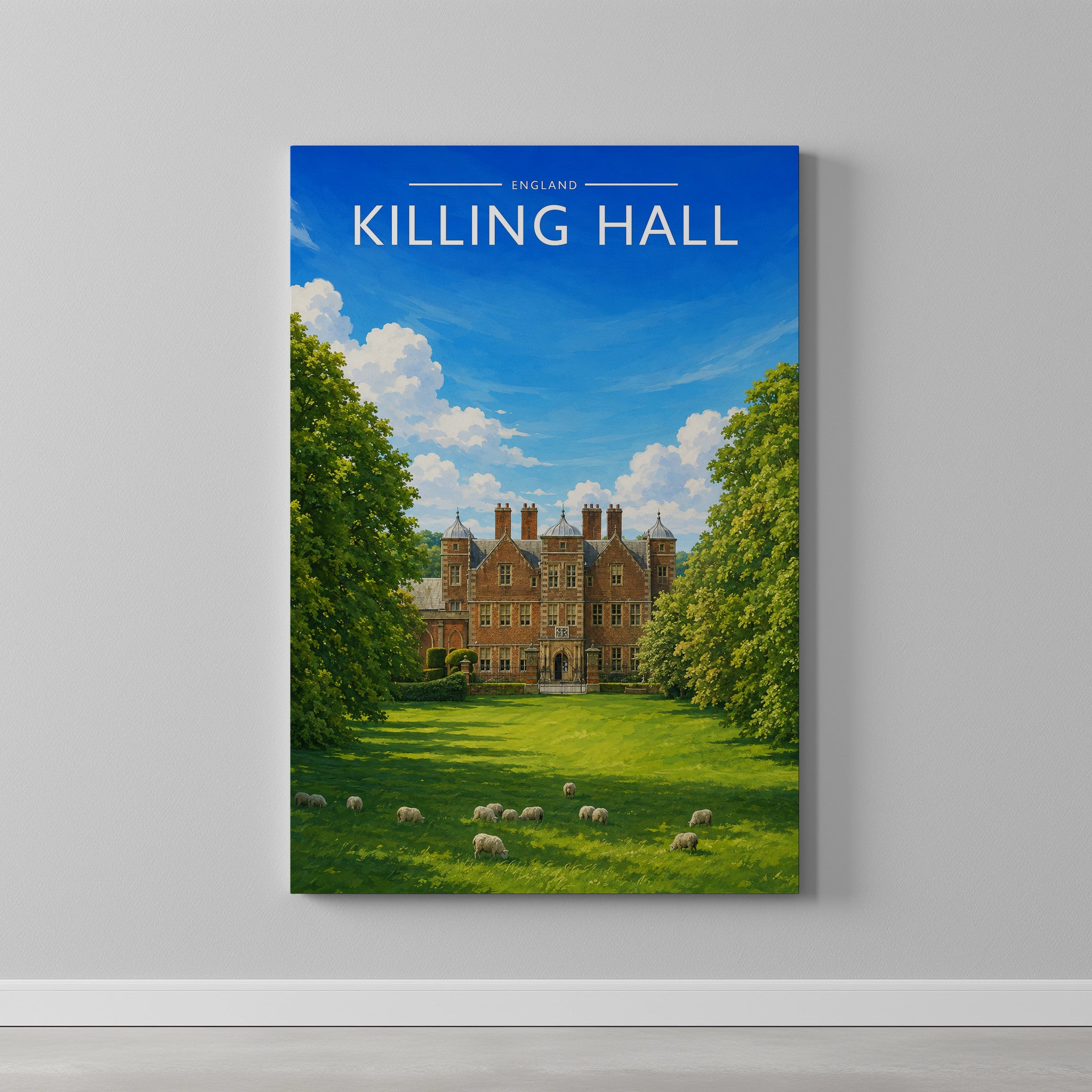 Kiplin Hall Travel Poster as a gallery-wrapped canvas on a plain wall