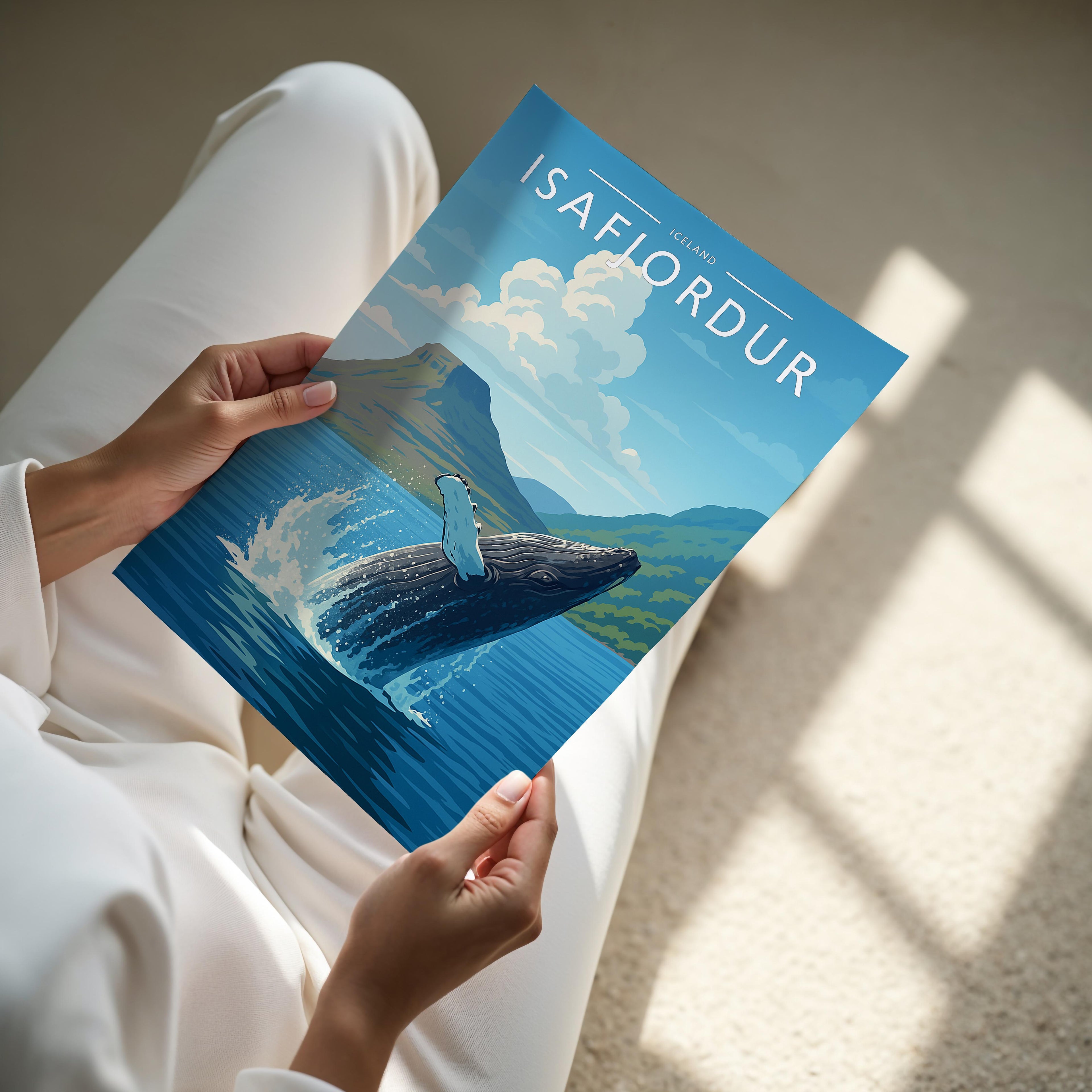 Isafjordur Travel Poster - A4 print held in hand