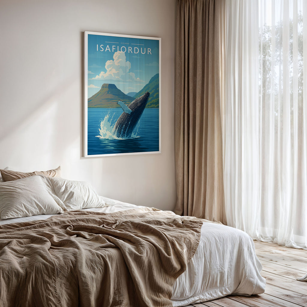 Isafjordur Travel Poster framed on a bedroom wall