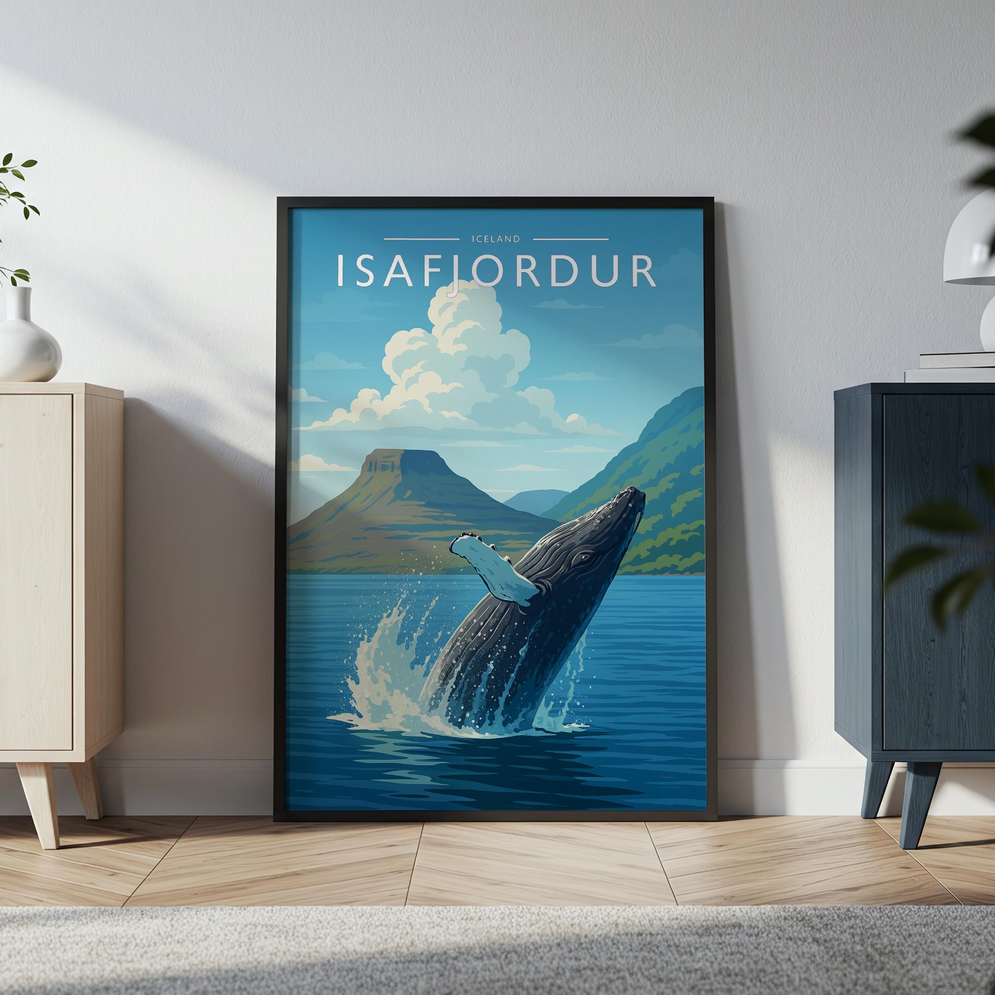 Isafjordur Travel Poster in a black frame