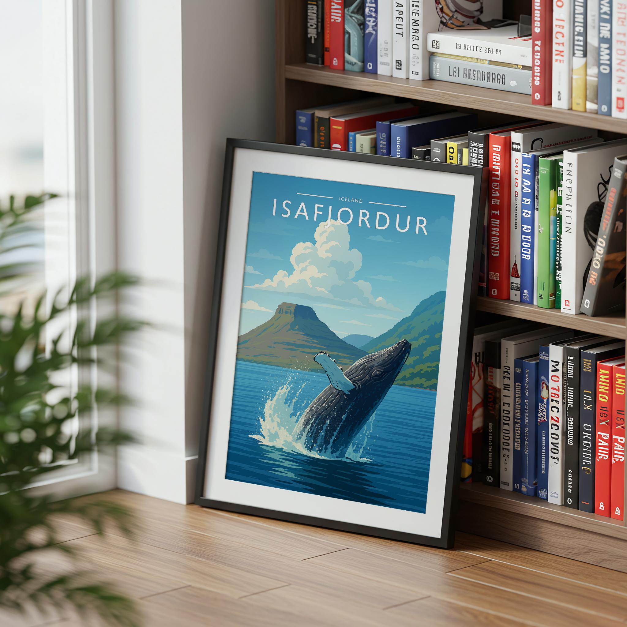 Isafjordur Travel Poster mounted in a black frame