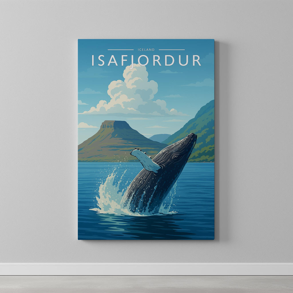 Isafjordur Travel Poster as a gallery-wrapped canvas on a plain wall