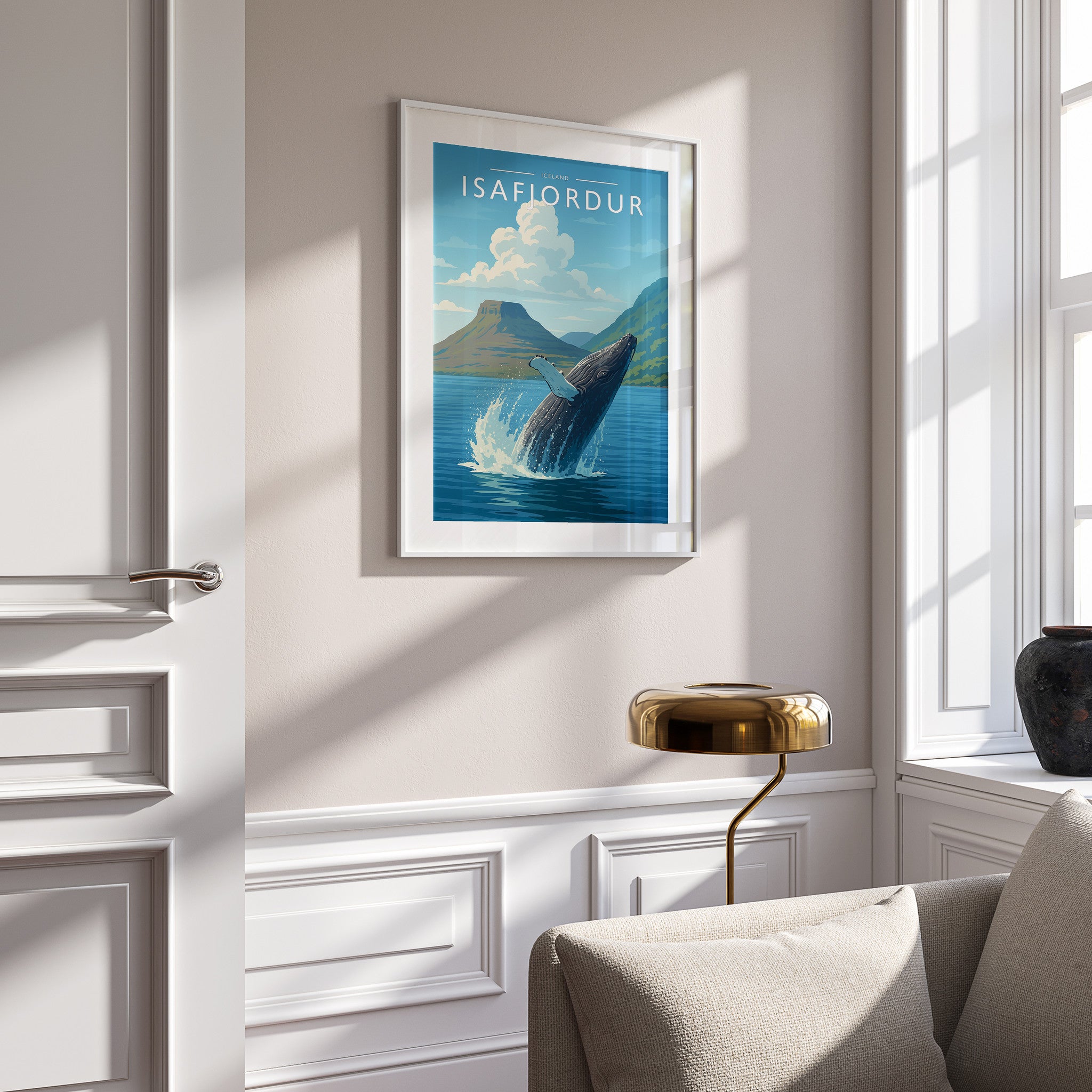 Isafjordur Travel Poster in a white frame on a panelled wall