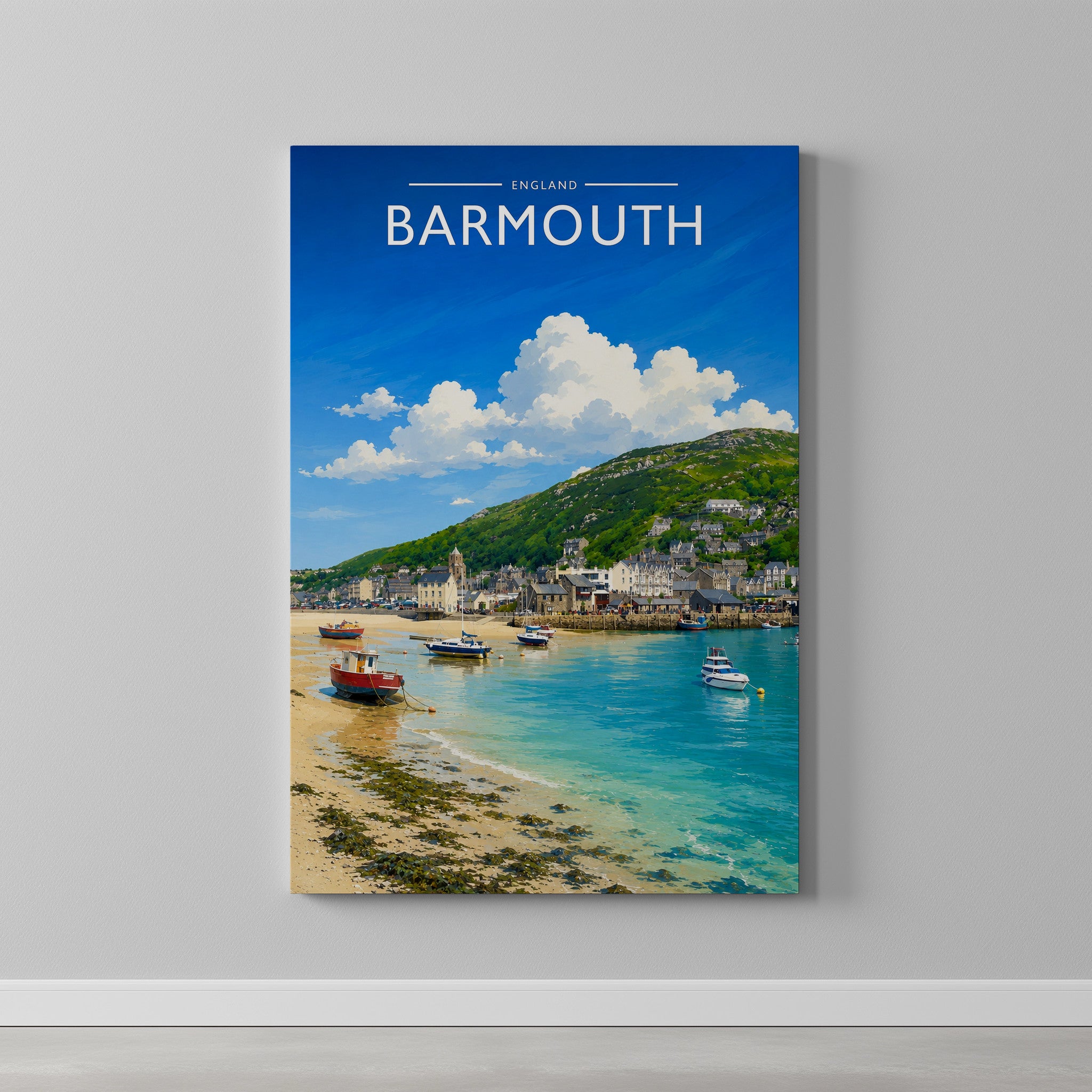 Barmouth #2 Travel Poster as a gallery-wrapped canvas on a plain wall