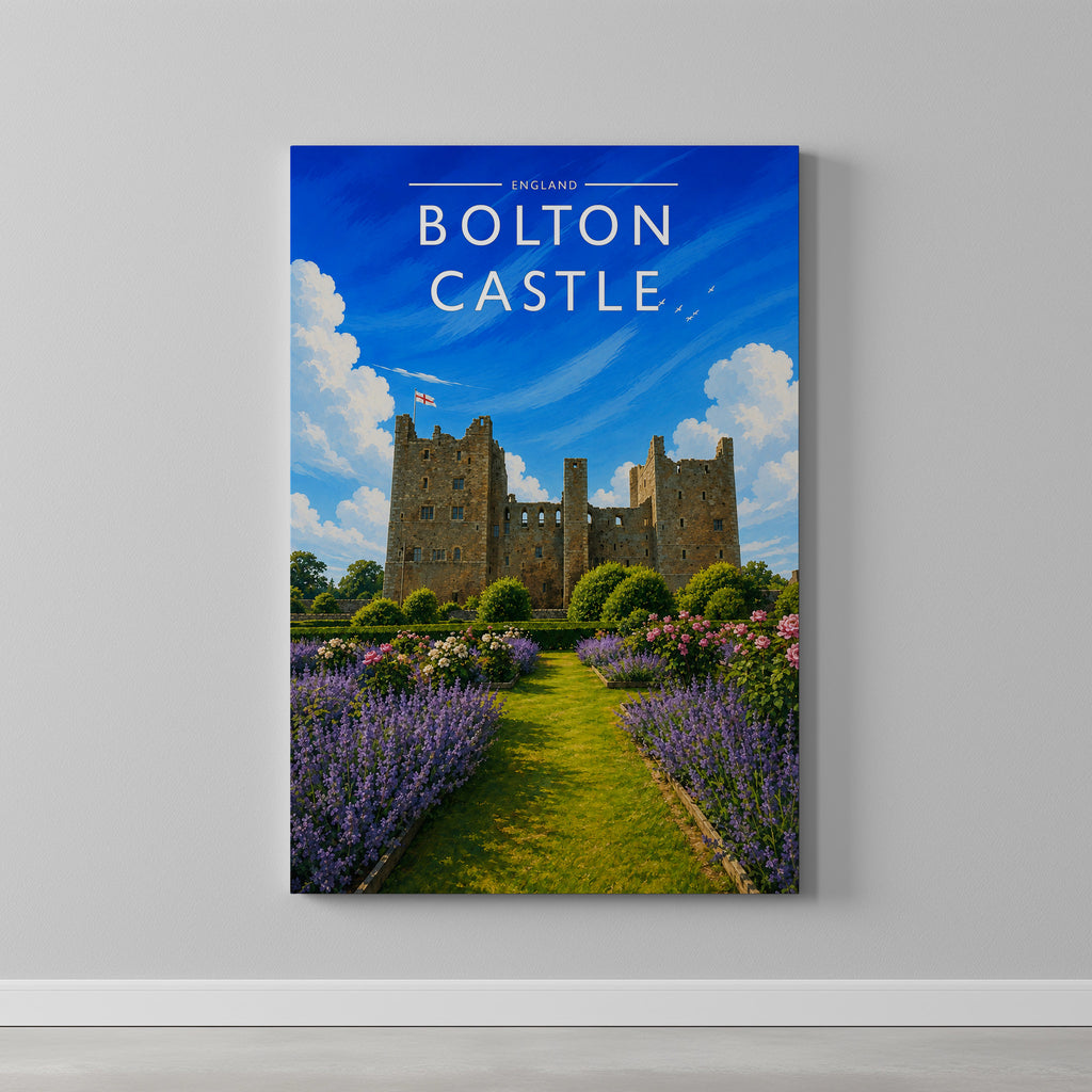 Bolton Castle Travel Poster as a gallery-wrapped canvas on a plain wall