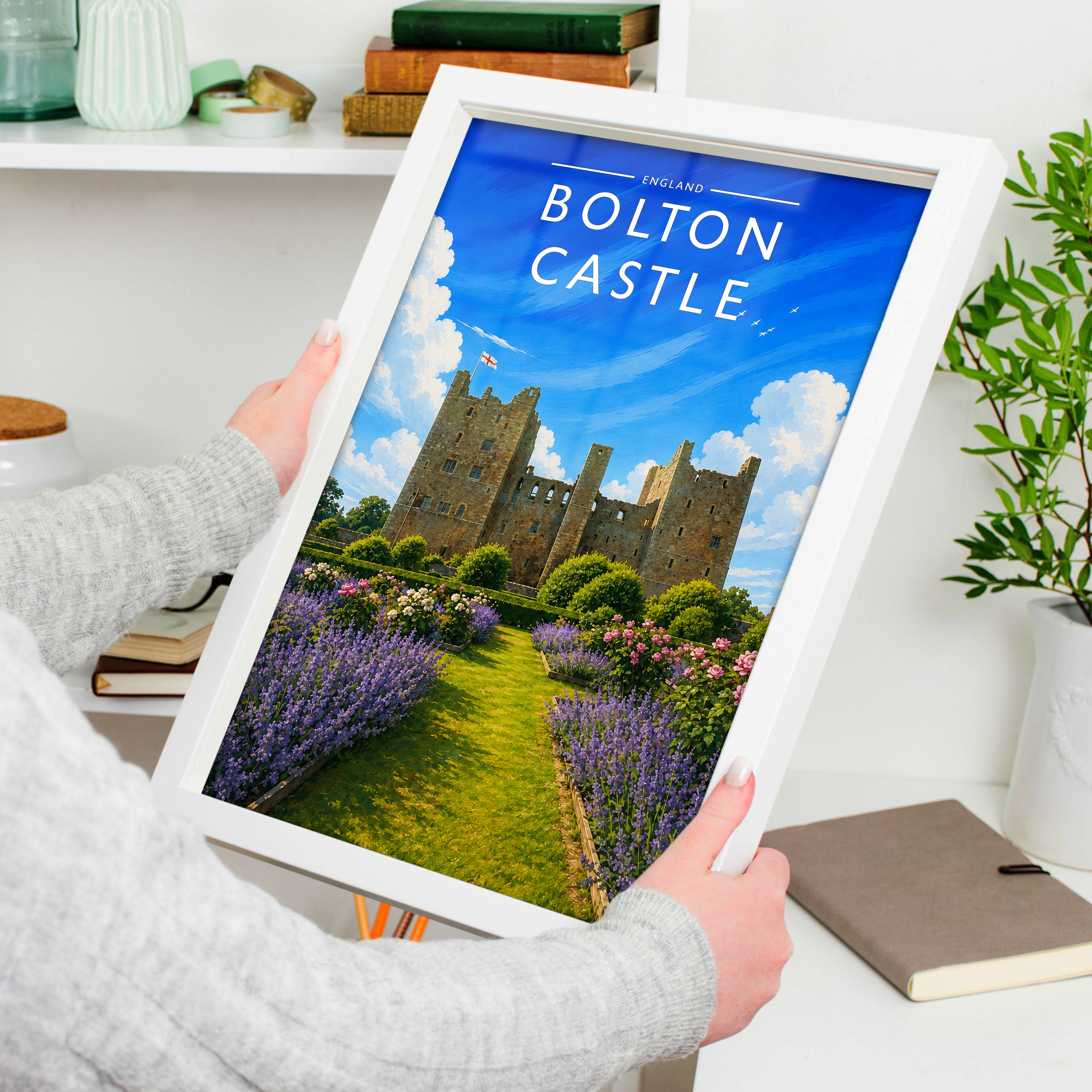 Bolton Castle Travel Poster held in a white frame