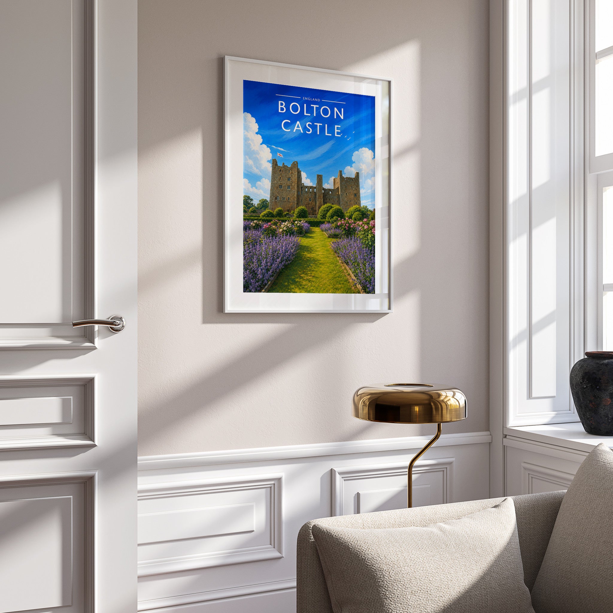Bolton Castle Travel Poster mounted in a white frame