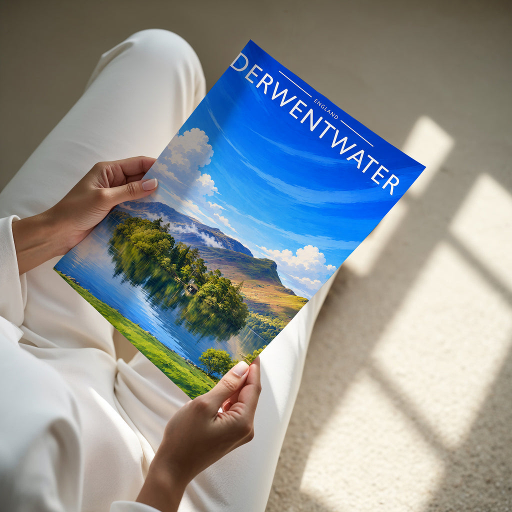 Derwentwater Travel Poster - A4 print in hand
