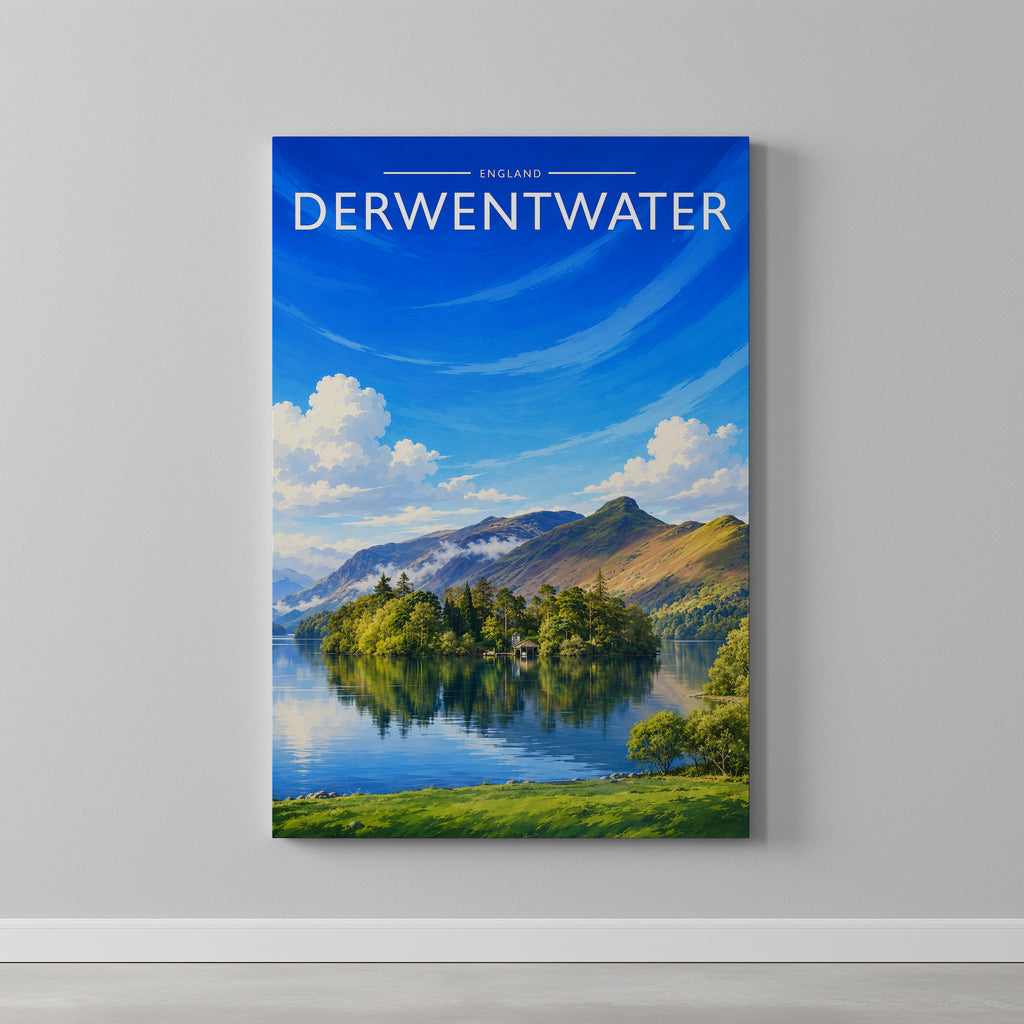 Derwentwater Travel Poster as a gallery-wrapped canvas on a plain wall
