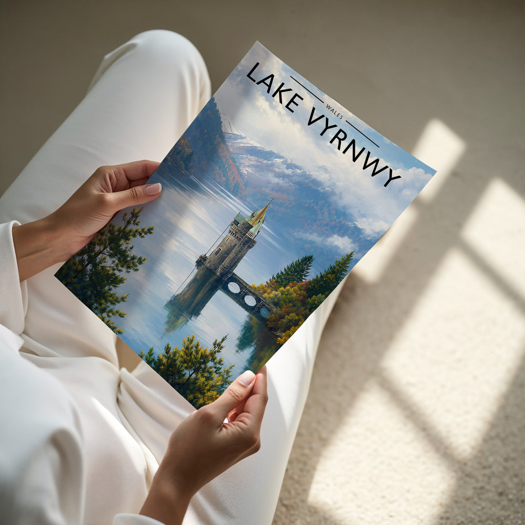 Lake Vyrnwy Travel Poster - A4 print in hand