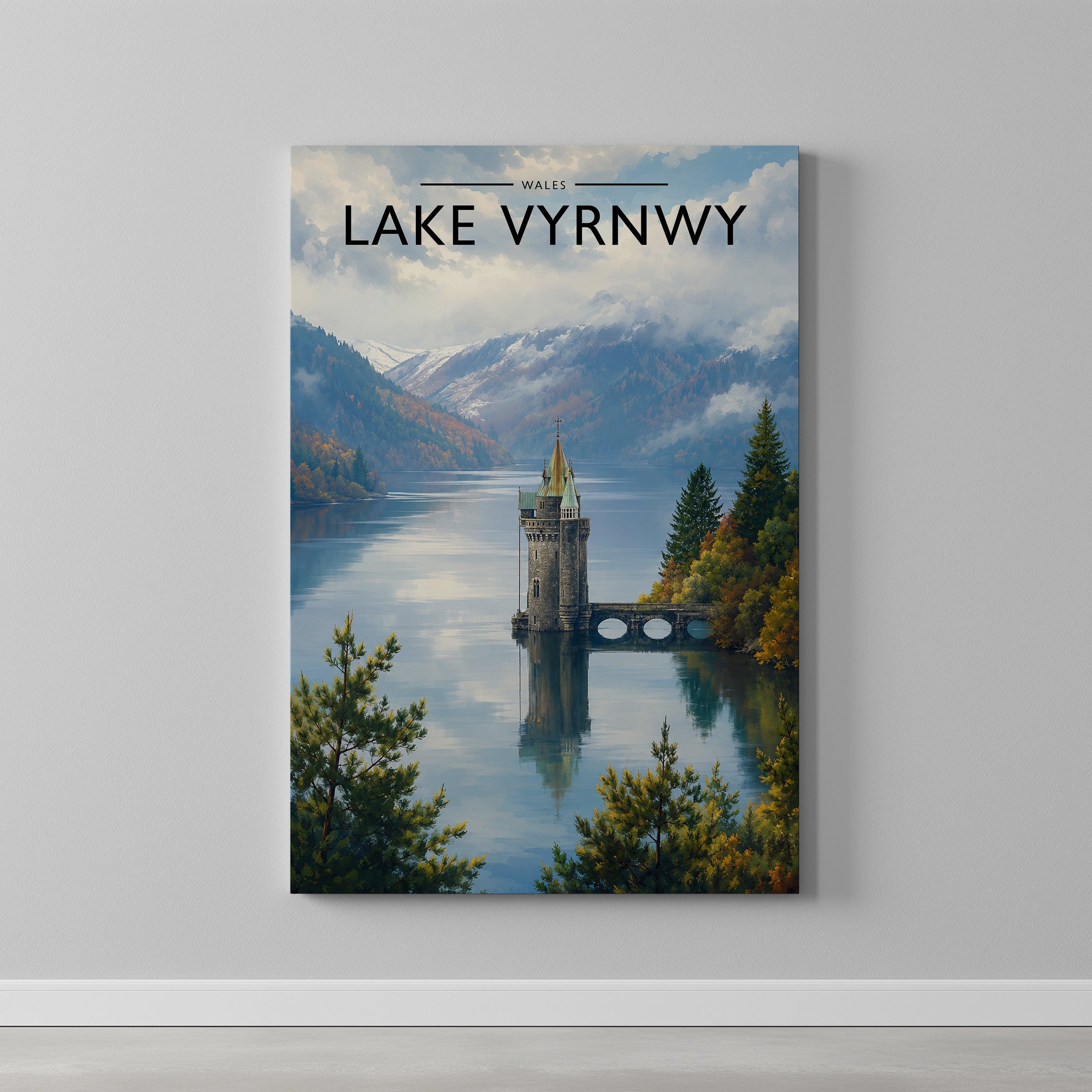 Lake Vyrnwy Travel Poster as a gallery-wrapped canvas on a plain wall
