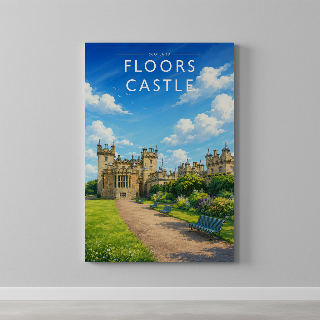 Floors Castle Travel Poster as a gallery-wrapped canvas on a plain wall