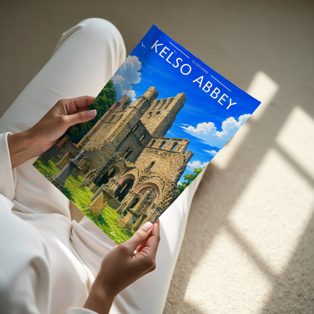 Kelso Abbey Travel Poster - A4 print in hand