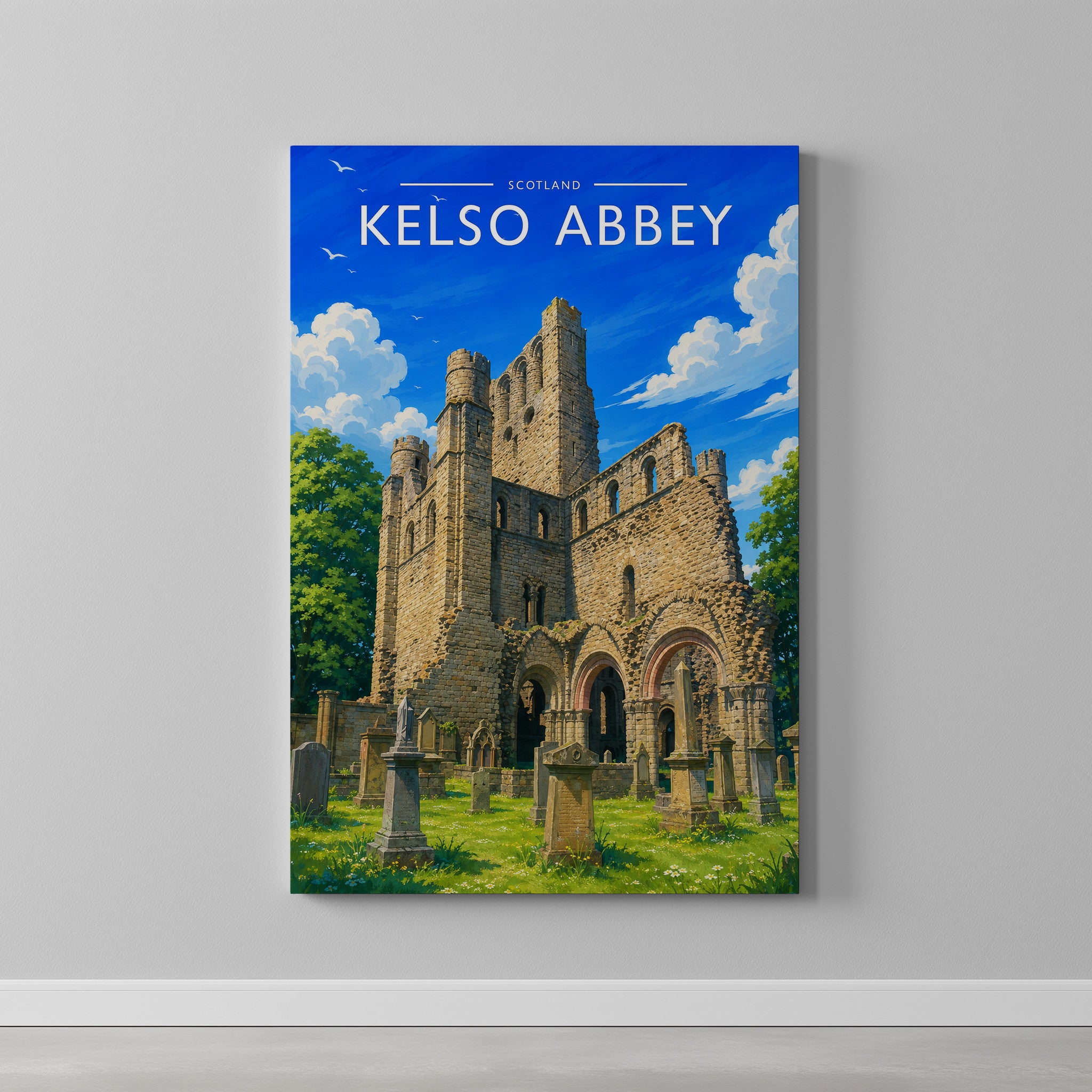 Kelso Abbey Travel Poster as a gallery-wrapped canvas on a plain wall