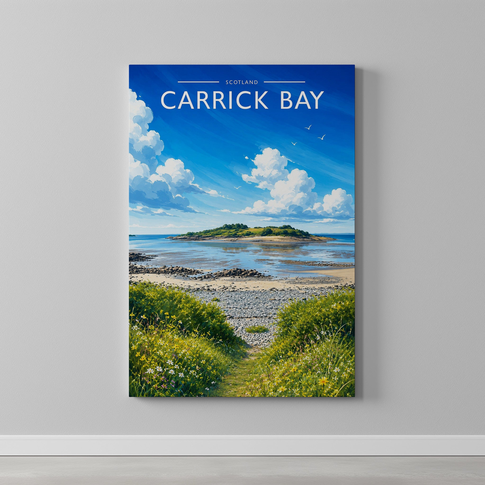 Carrick Bay Travel Poster as a gallery-wrapped canvas on a plain wall