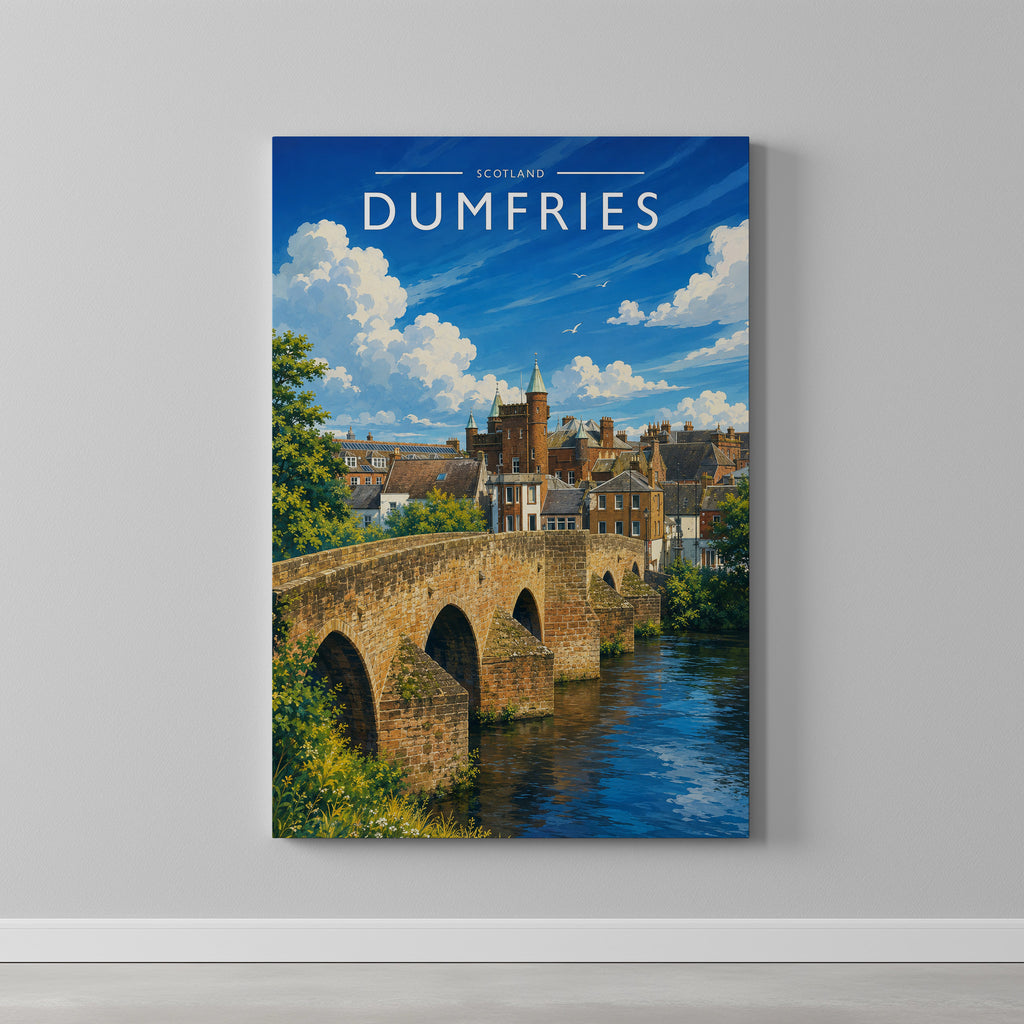 Dumfries Travel Poster as a gallery-wrapped canvas on a plain wall