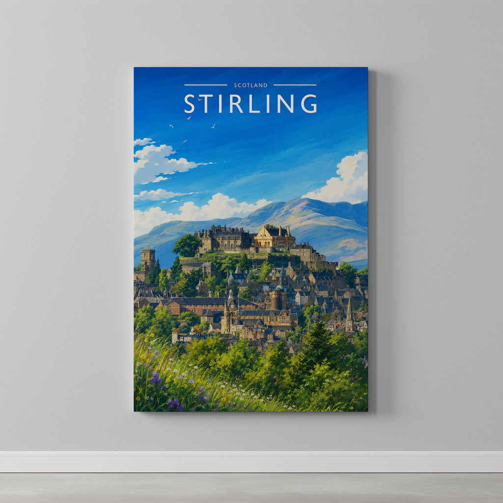 Stirling #3 Travel Poster as a gallery-wrapped canvas on a plain wall