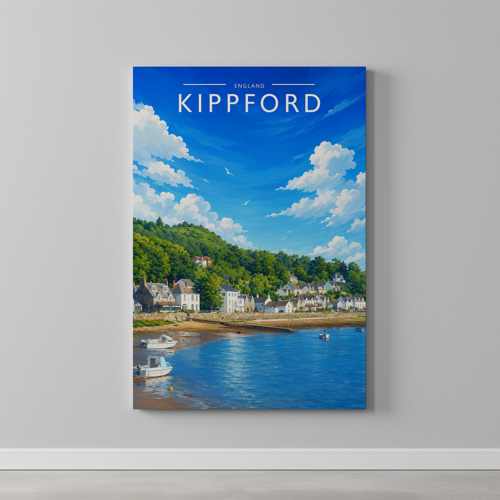 Kippford Travel Poster as a gallery-wrapped canvas on a plain wall