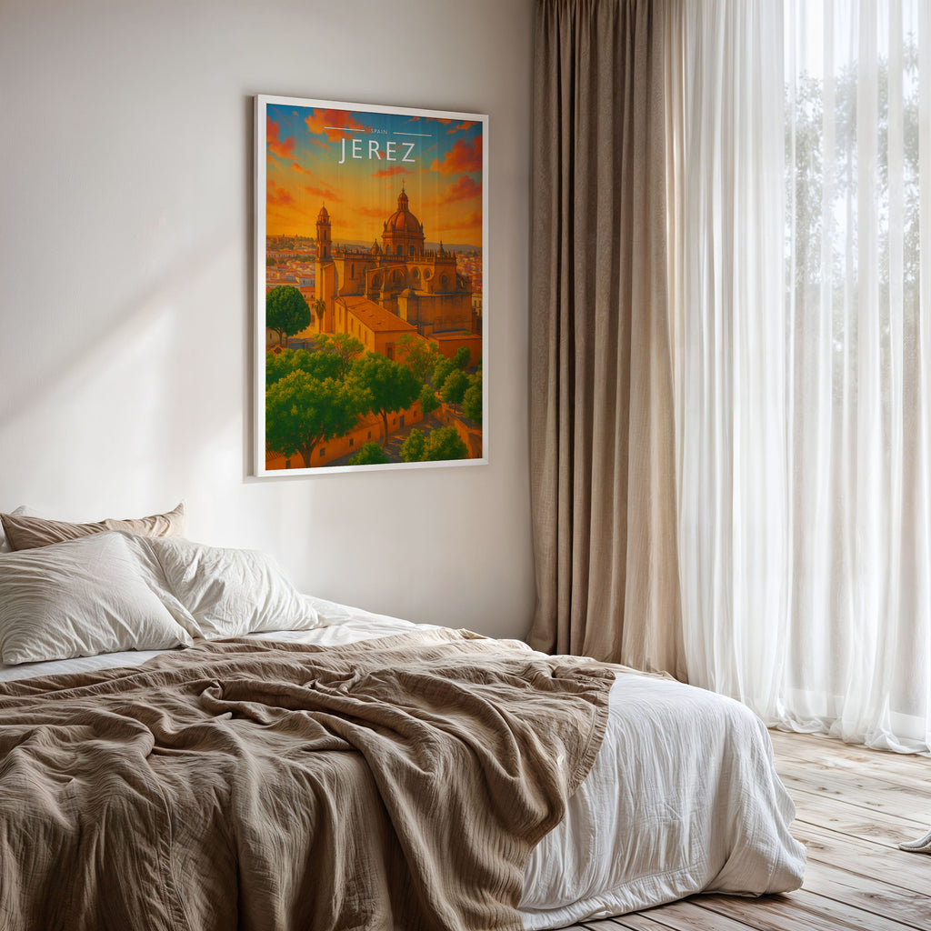 Jerez Travel Poster framed on a bedroom wall