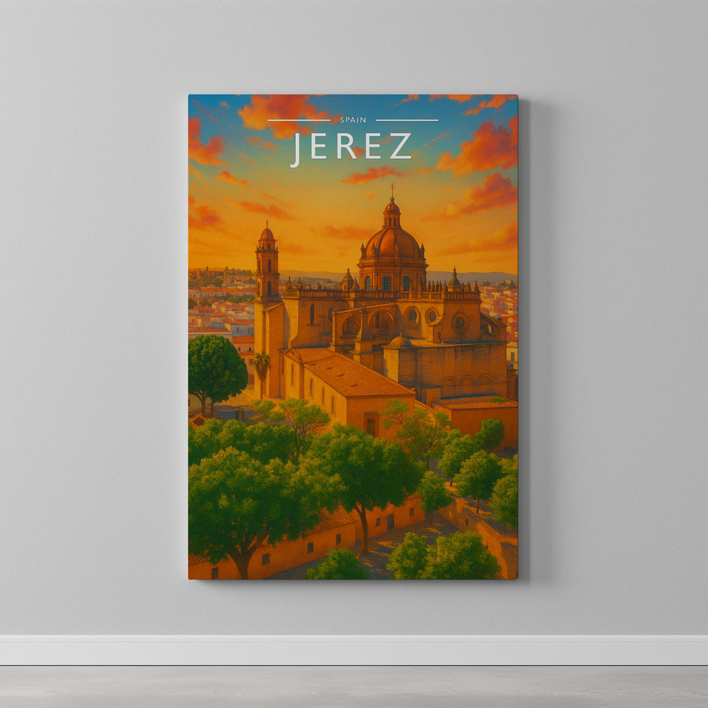 Jerez Travel Poster as a gallery-wrapped canvas on a plain wall