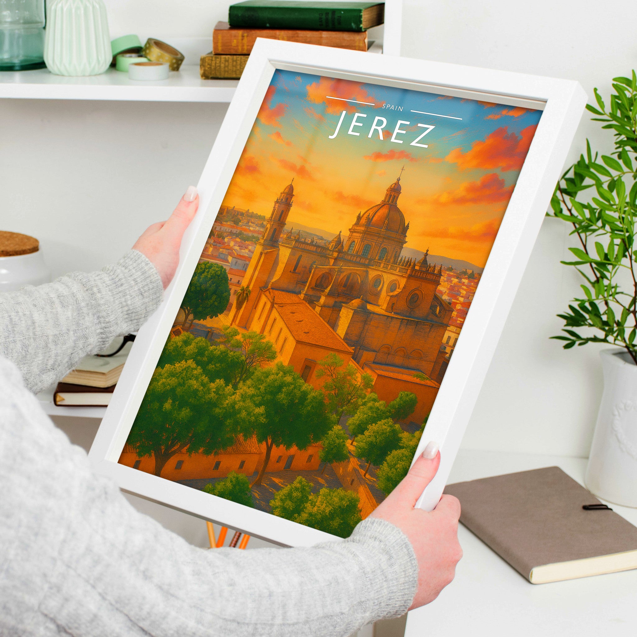 Jerez Travel Poster in a white frame, held to show scale