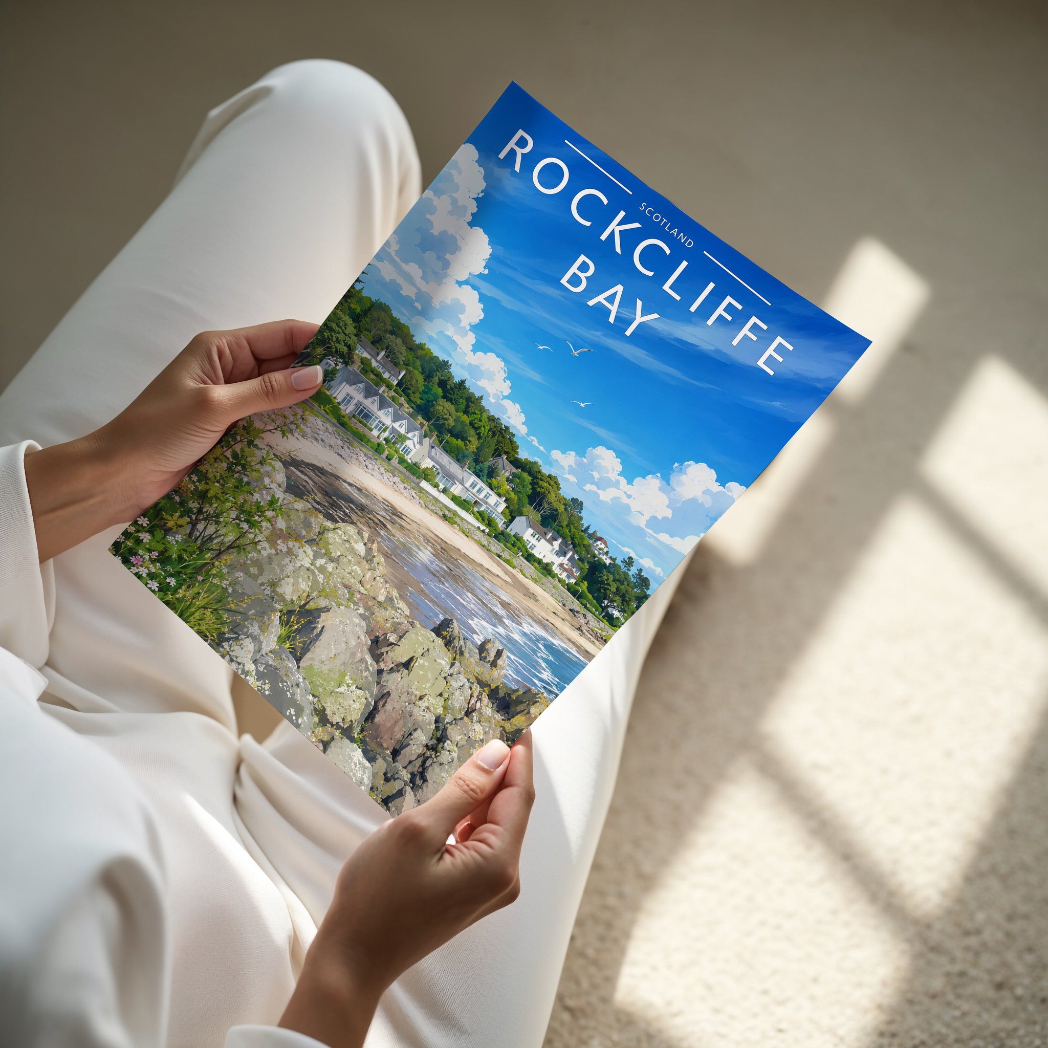 Rockcliffe Bay Travel Poster - A4 print in hand