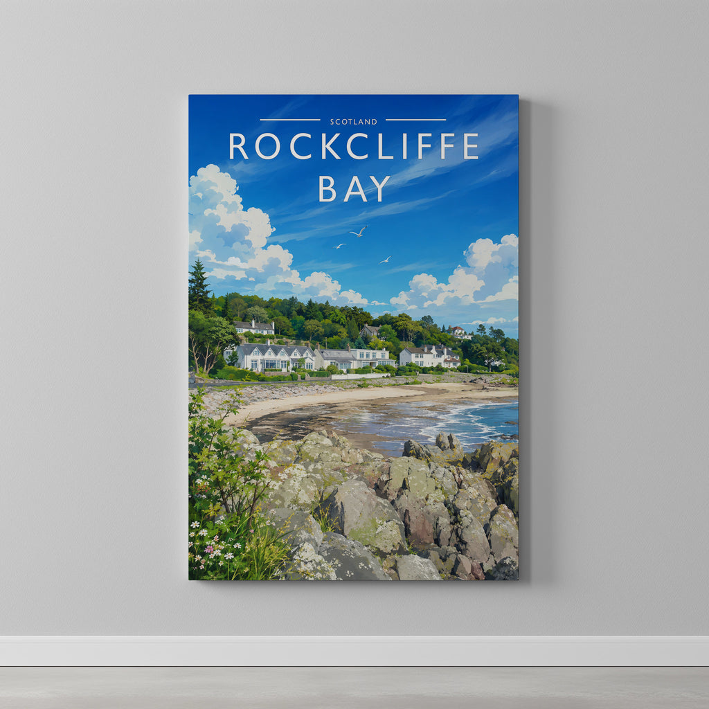 Rockcliffe Bay Travel Poster as a gallery-wrapped canvas on a plain wall
