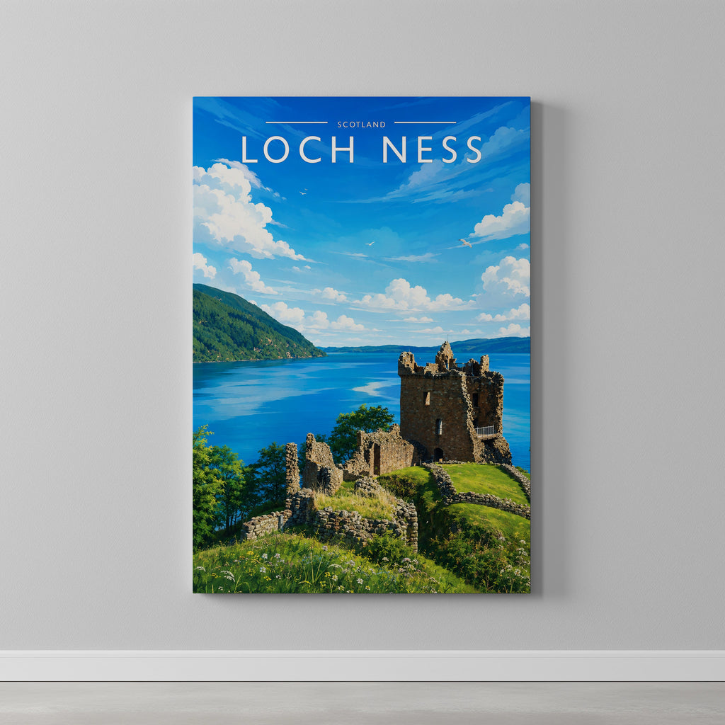 Loch Ness #3 Travel Poster as a gallery-wrapped canvas on a plain wall