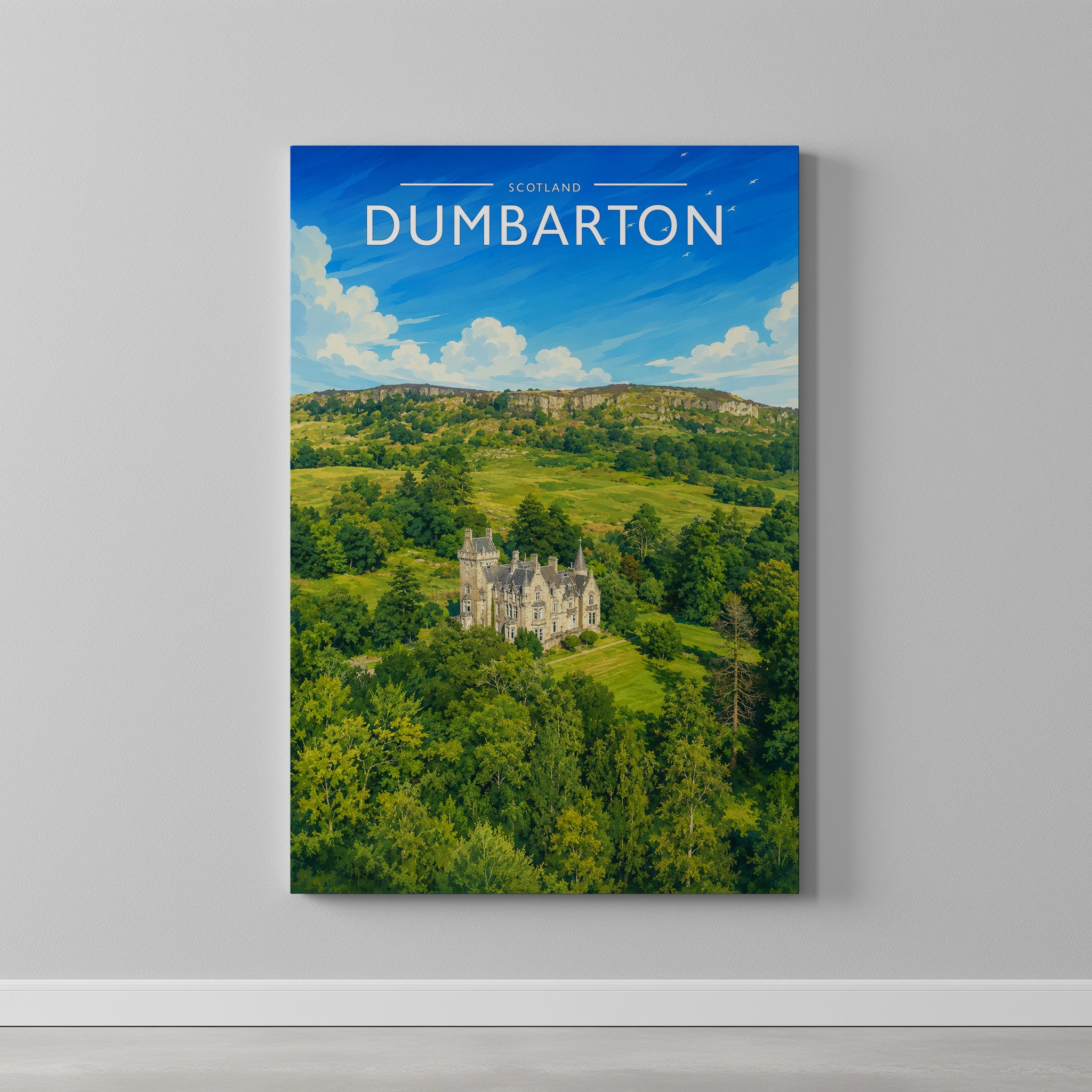 Dumbarton Travel Poster as a gallery-wrapped canvas on a plain wall