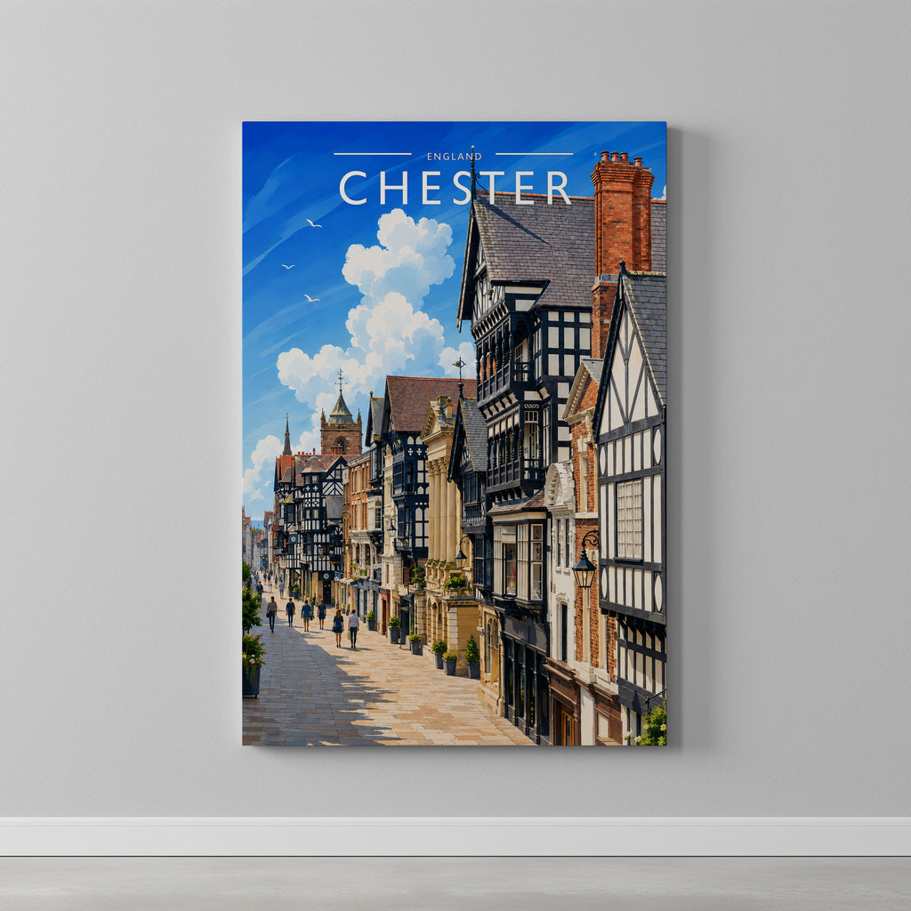Chester #2 Travel Poster as a gallery-wrapped canvas on a plain wall