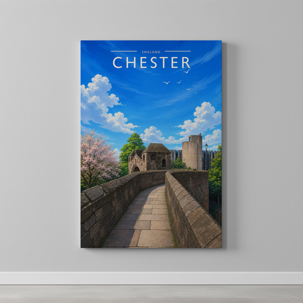 Chester #3 Travel Poster as a gallery-wrapped canvas on a plain wall