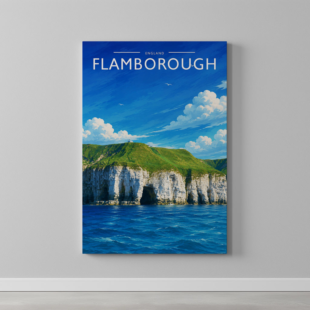 Flamborough Travel Poster as a gallery-wrapped canvas on a plain wall