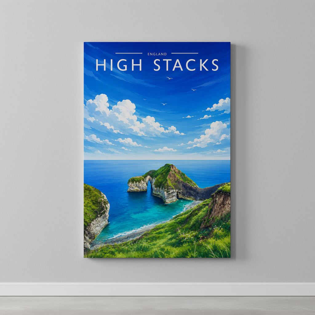 High Stacks Travel Poster as a gallery-wrapped canvas on a plain wall