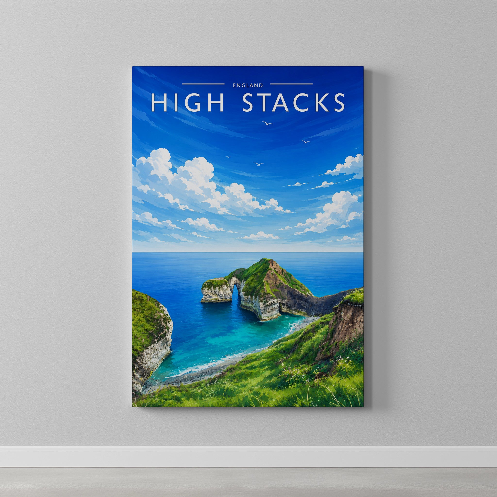 High Stacks Travel Poster as a gallery-wrapped canvas on a plain wall