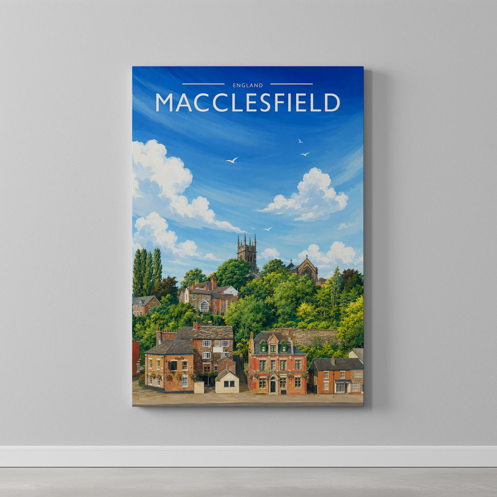 Macclesfield #2 Travel Poster as a gallery-wrapped canvas on a plain wall