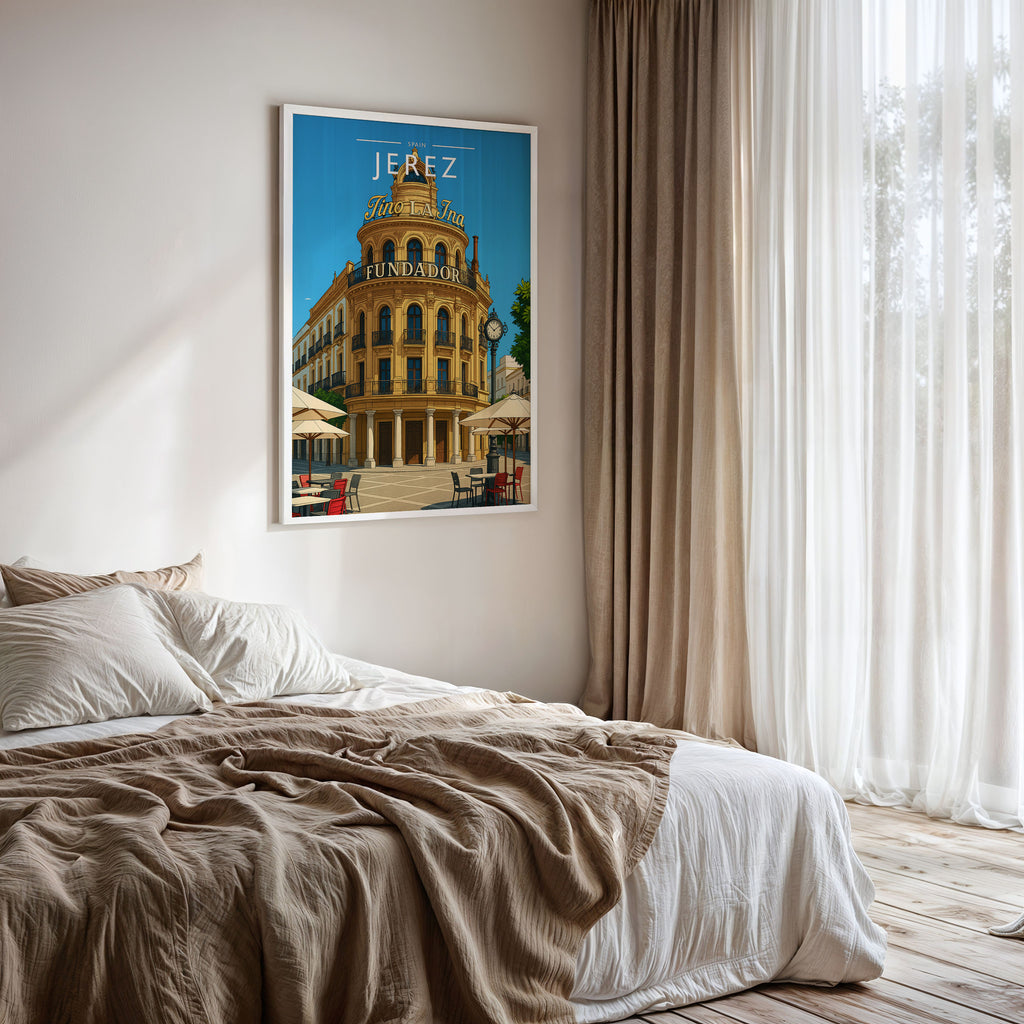 Jerez #2 Travel Poster framed on a bedroom wall