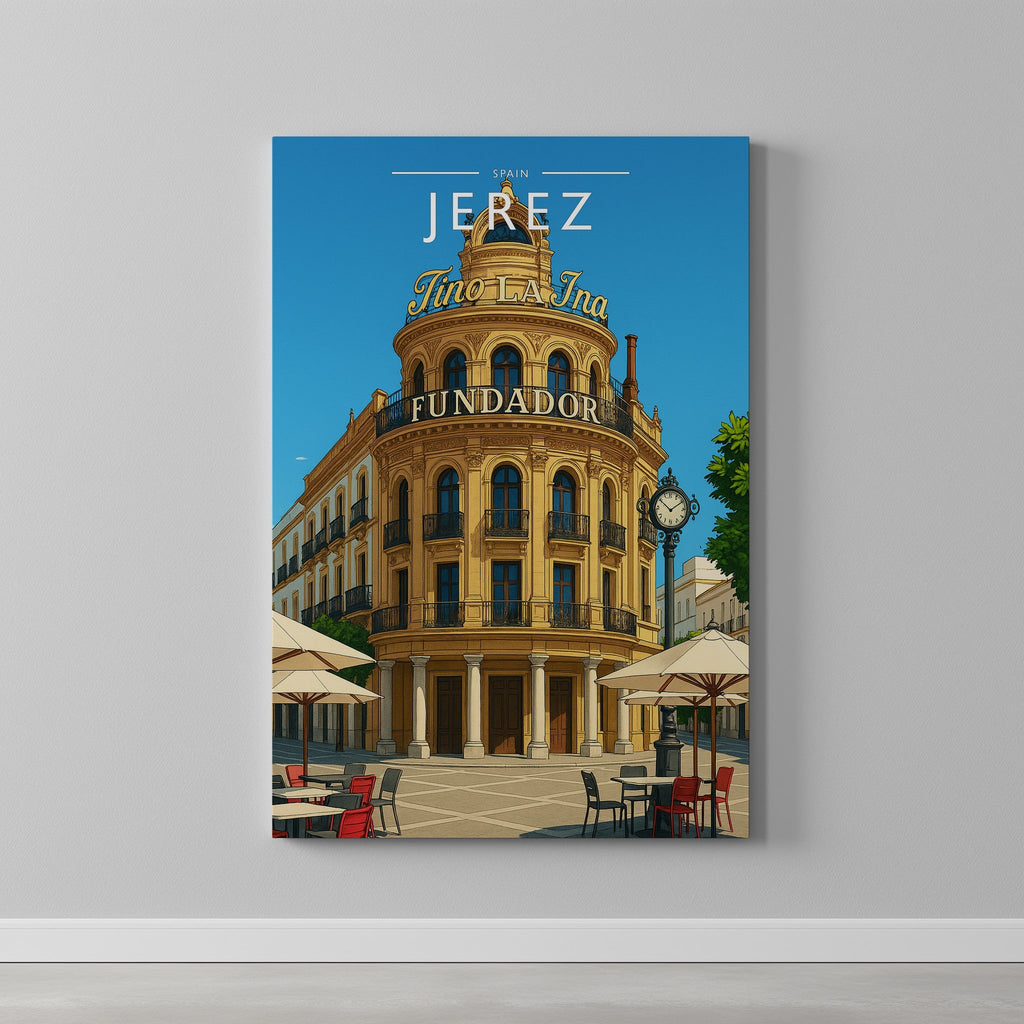 Jerez #2 Travel Poster as a gallery-wrapped canvas on a plain wall