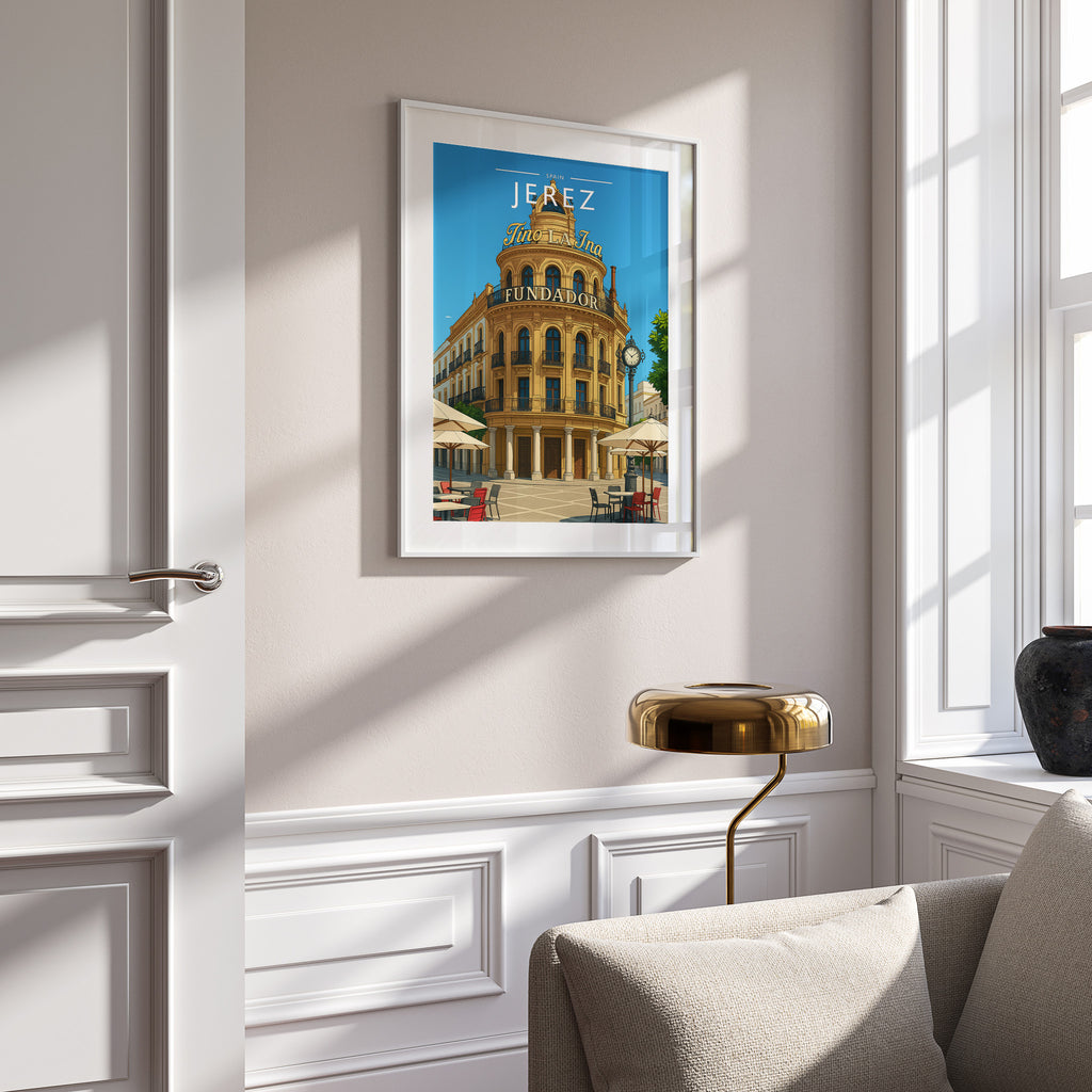 Jerez #2 Travel Poster in a white frame on a panelled wall