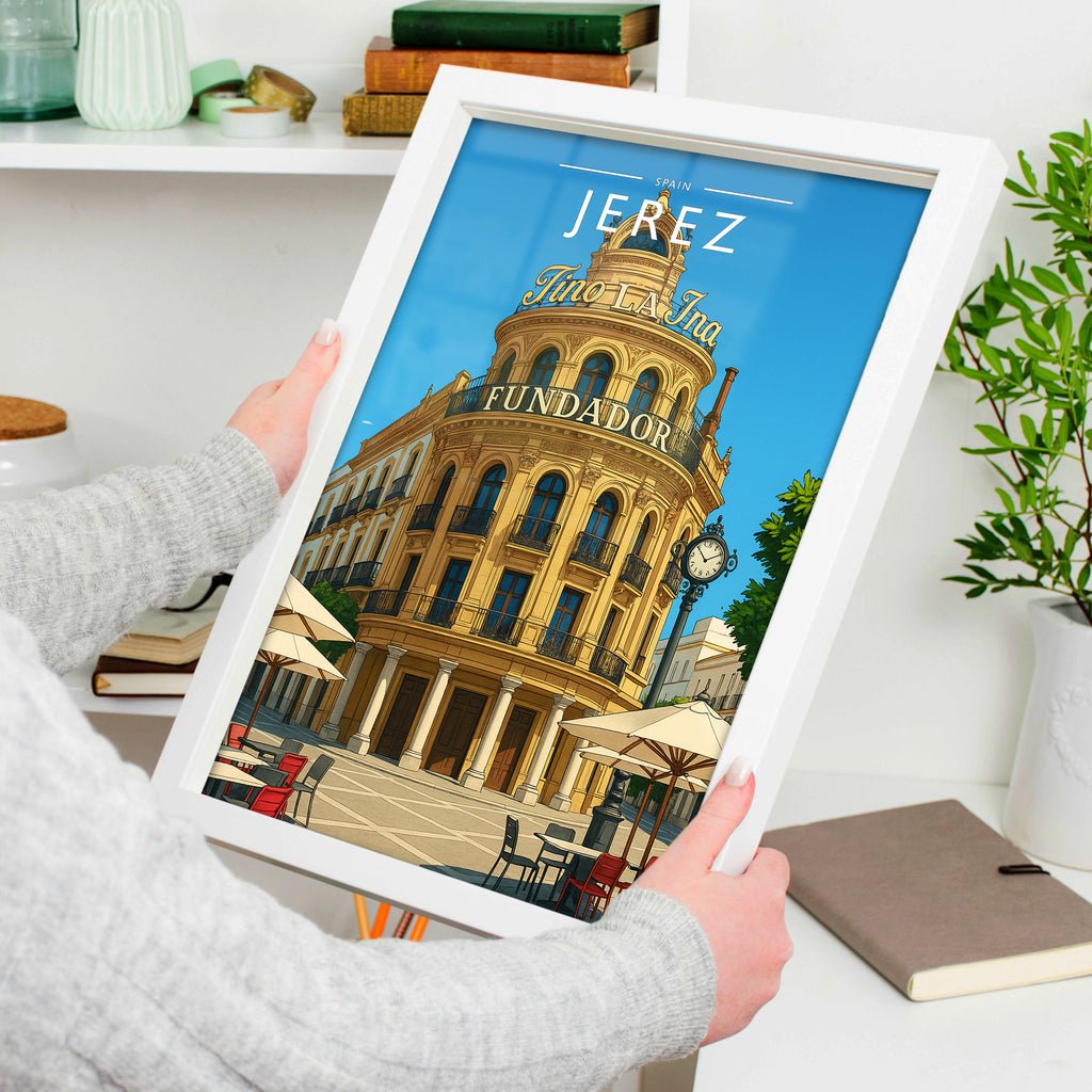 Jerez #2 Travel Poster in a white frame, held to show scale