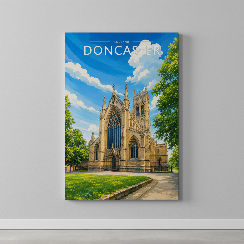 Doncaster Travel Poster as a gallery-wrapped canvas on a plain wall