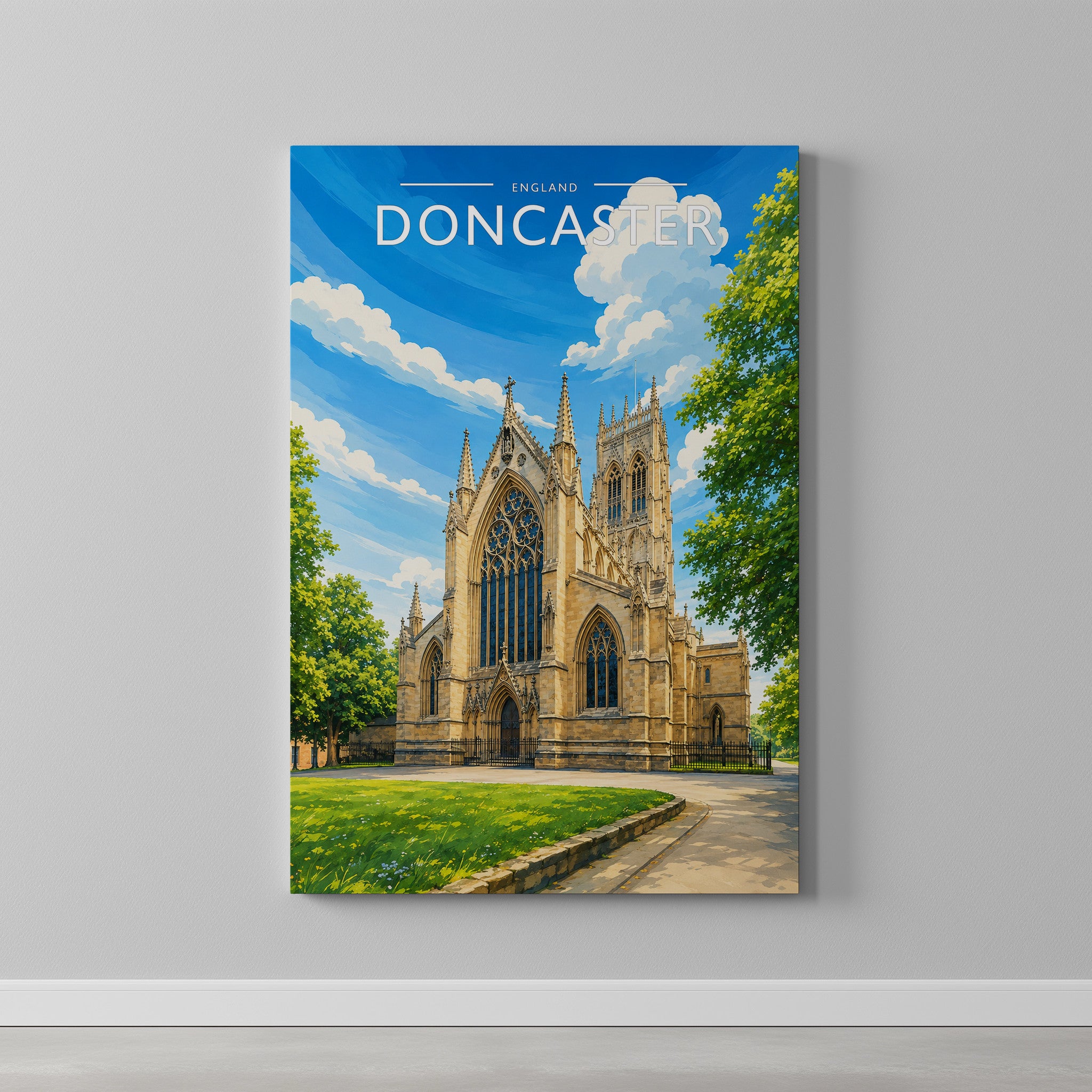 Doncaster Travel Poster as a gallery-wrapped canvas on a plain wall