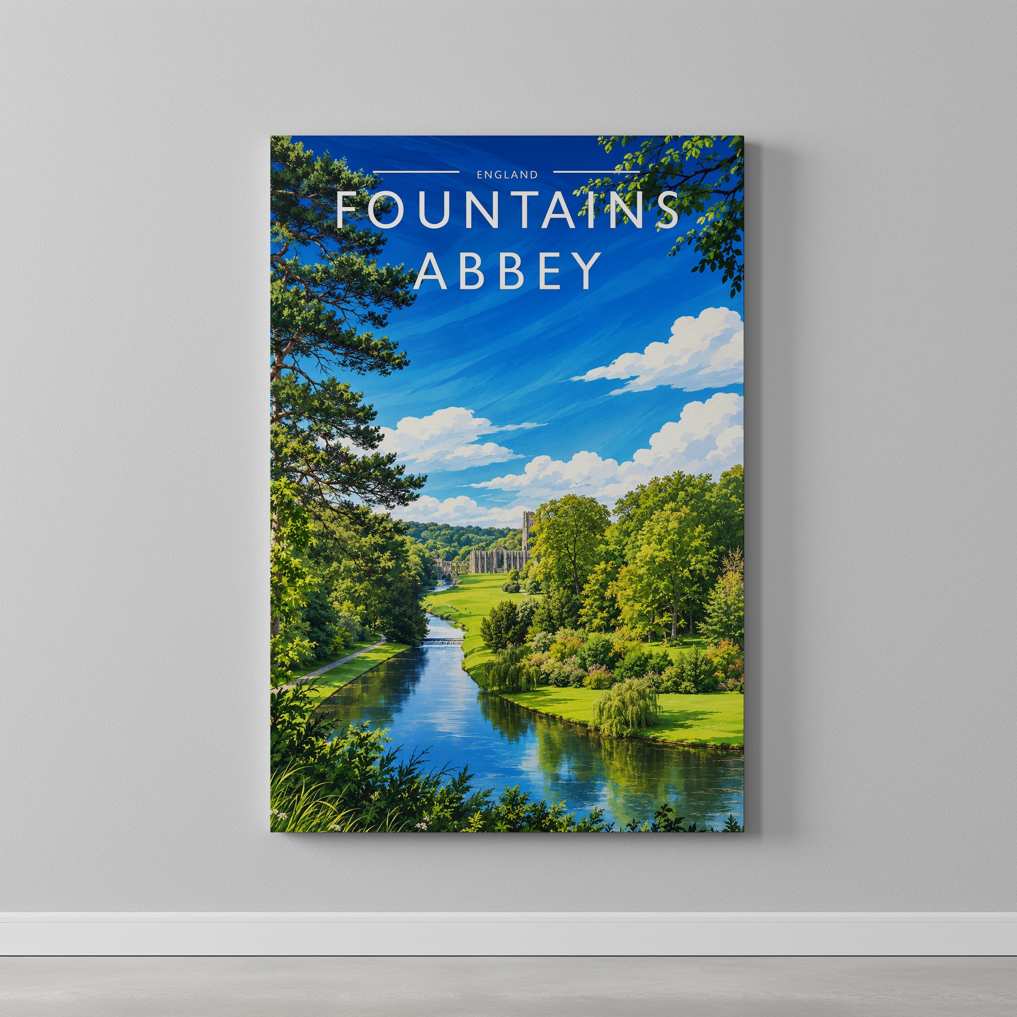 Fountains Abbey #2 Travel Poster as a gallery-wrapped canvas on a plain wall