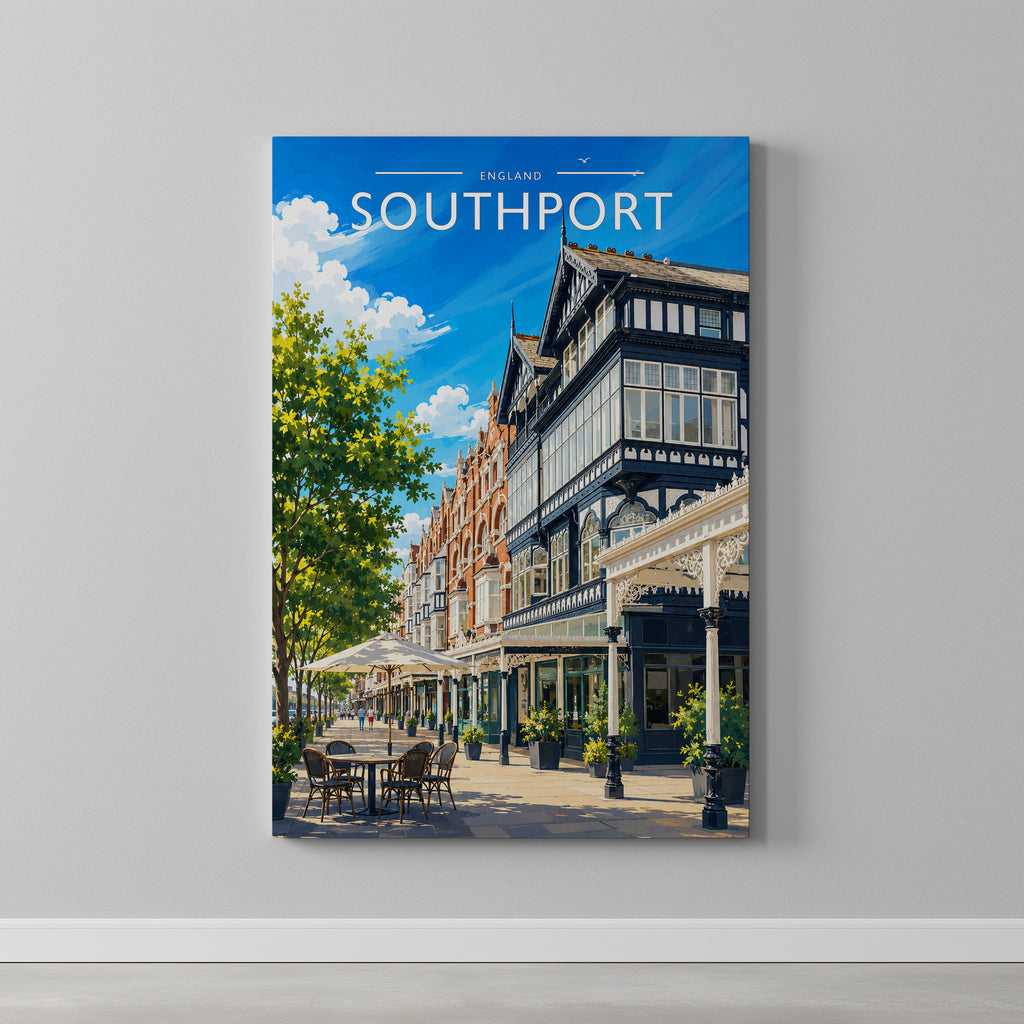 Southport Travel Poster as a gallery-wrapped canvas on a plain wall