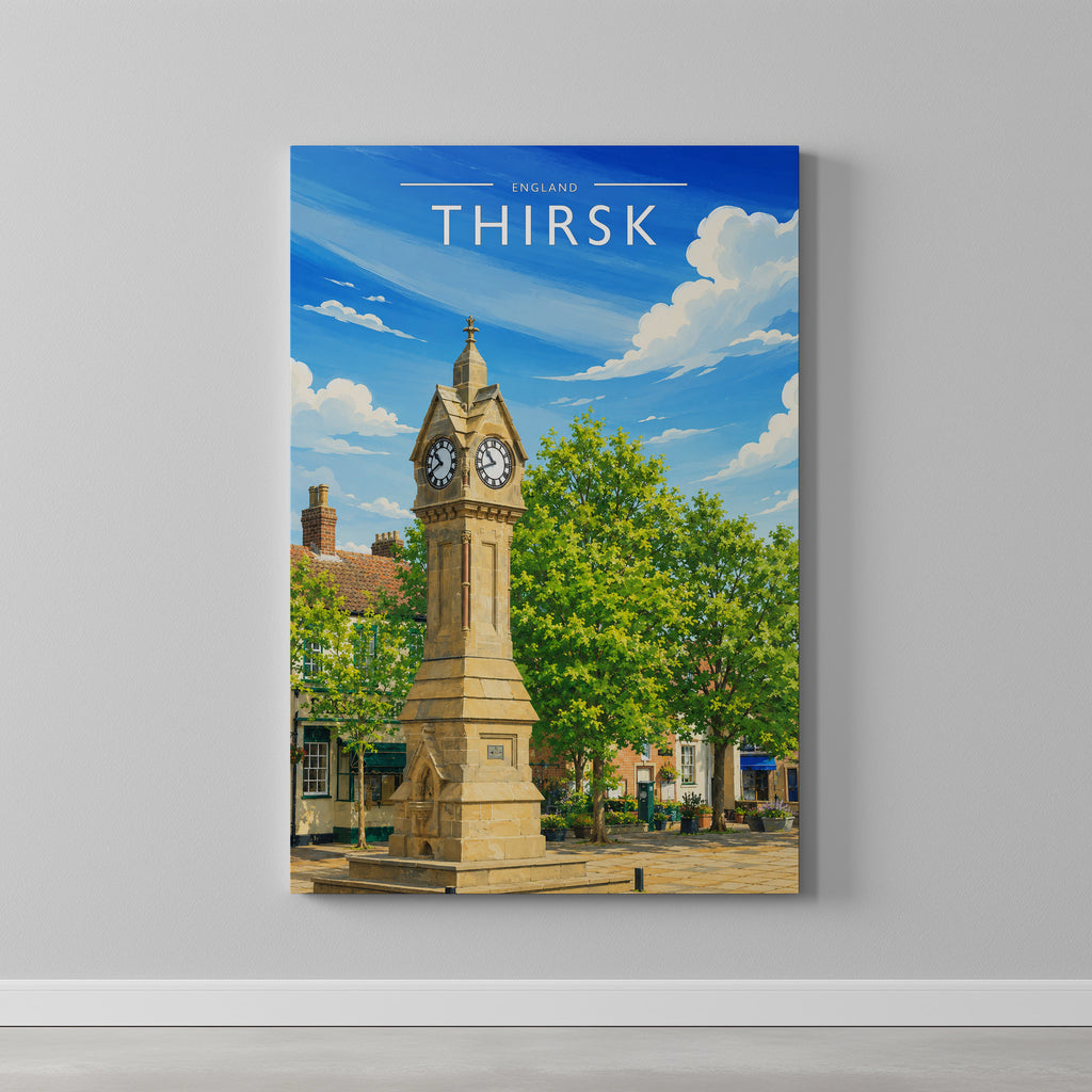 Thirsk Travel Poster as a gallery-wrapped canvas on a plain wall