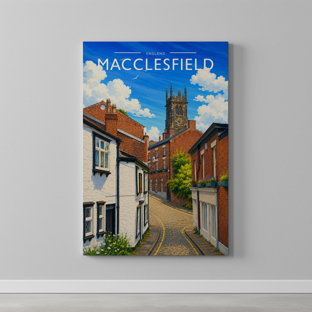 Macclesfield #3 Travel Poster as a gallery-wrapped canvas on a plain wall