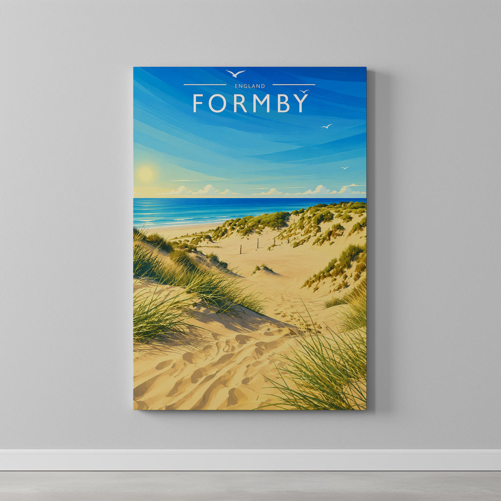 Formby Travel Poster as a gallery-wrapped canvas on a plain wall