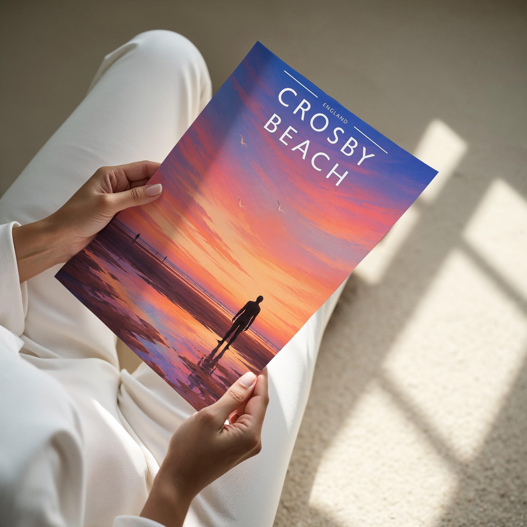 Crosby Beach Travel Poster - A4 print in hand