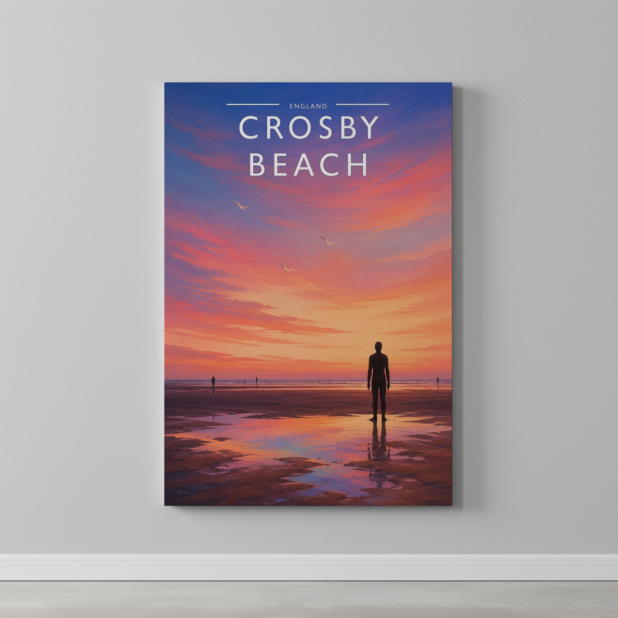 Crosby Beach Travel Poster as a gallery-wrapped canvas on a plain wall